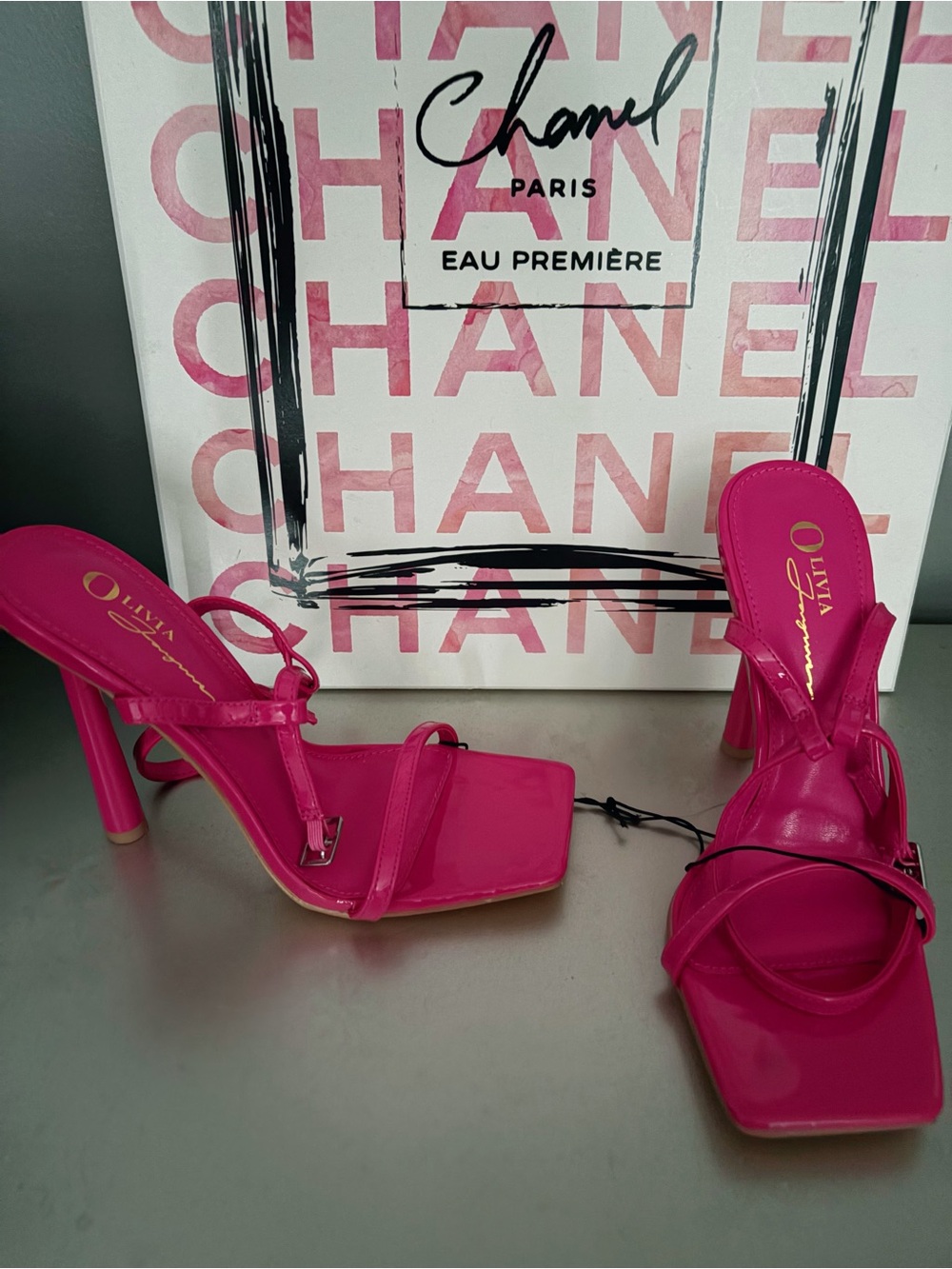 Hot Pink Patent Square-Toe Stiletto Slides (Never worn)